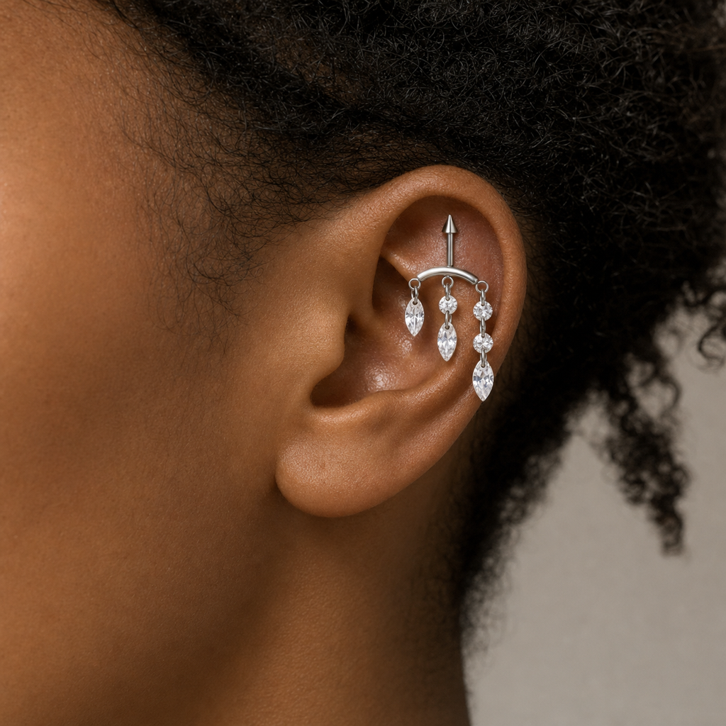 Clear CZ ASTM F136 Titanium Cartilage Jewelry - Silver, Internally Threaded, 16G, 1.2 x 6+8+4 mm — wearing view five (P-CJ-0009-S01)