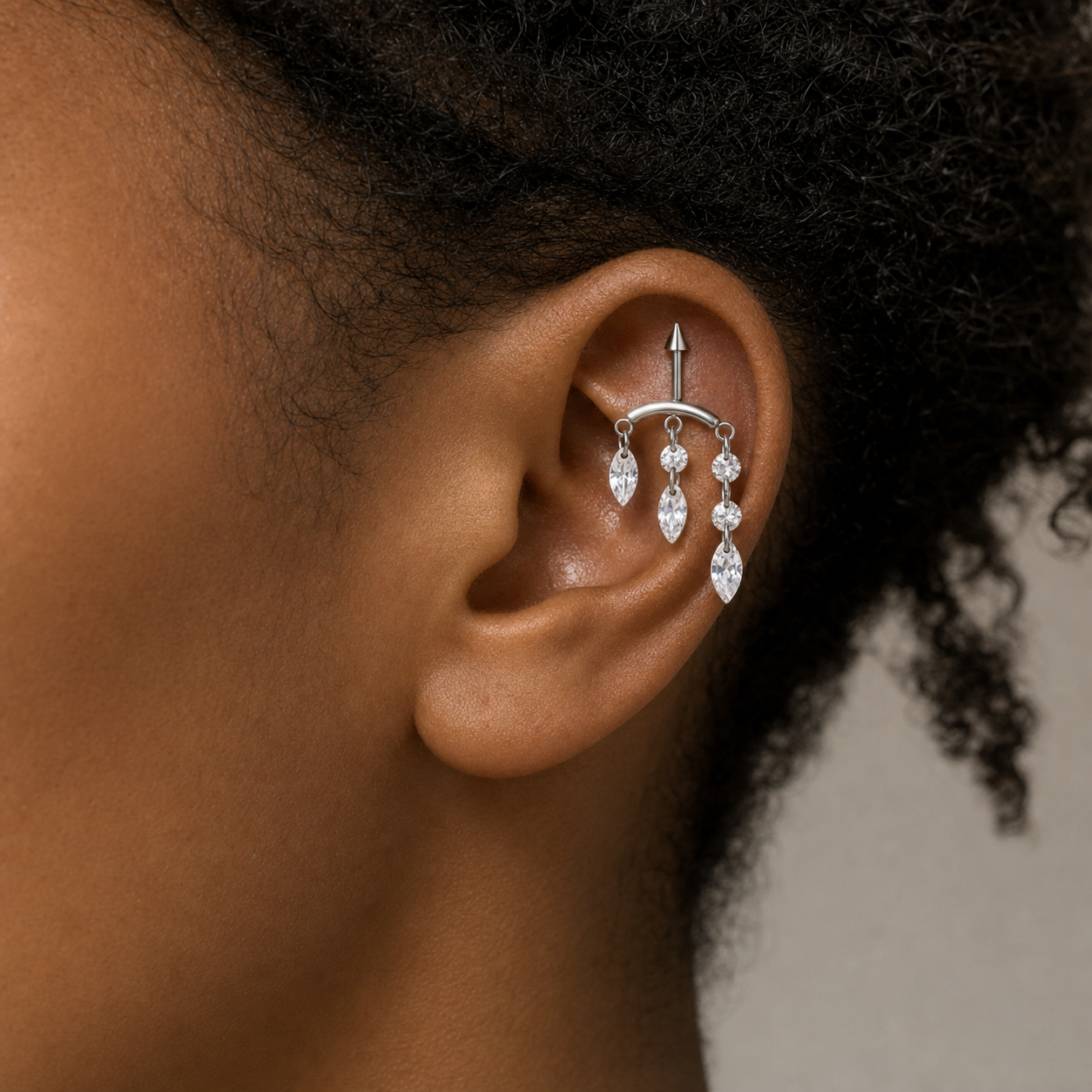 Clear CZ ASTM F136 Titanium Cartilage Jewelry - Silver, Internally Threaded, 16G, 1.2 x 6+8+4 mm — wearing view five (P-CJ-0009-S01)
