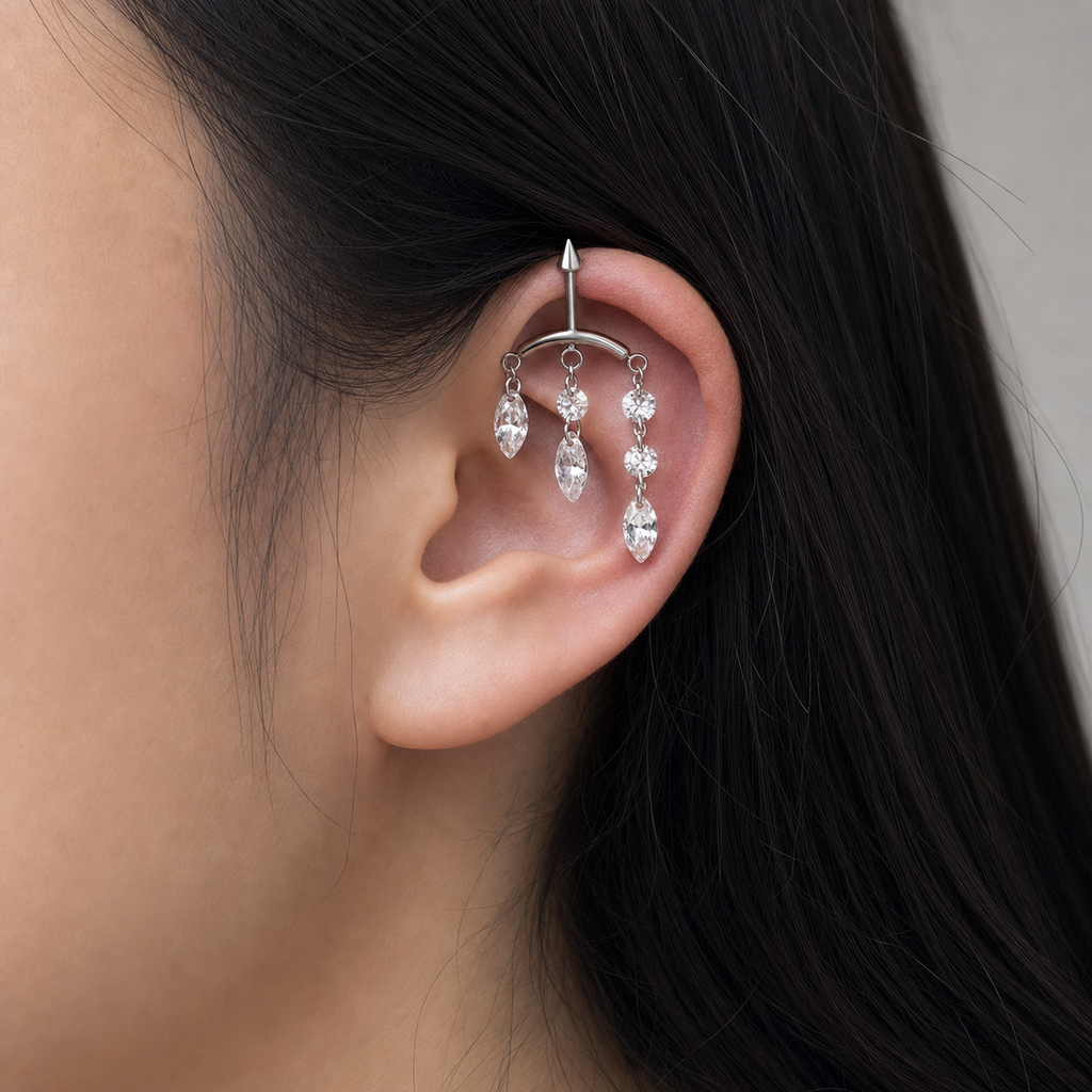 Clear CZ ASTM F136 Titanium Cartilage Jewelry - Silver, Internally Threaded, 16G, 1.2 x 6+8+4 mm — wearing view six (P-CJ-0009-S01)