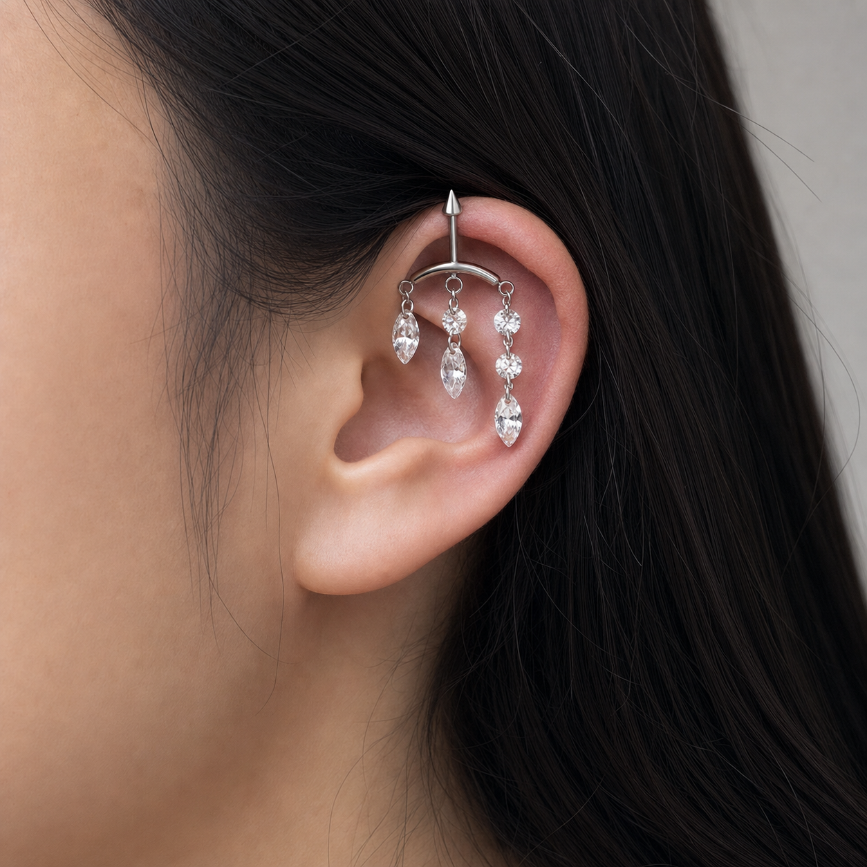 Clear CZ ASTM F136 Titanium Cartilage Jewelry - Silver, Internally Threaded, 16G, 1.2 x 6+8+4 mm — wearing view six (P-CJ-0009-S01)