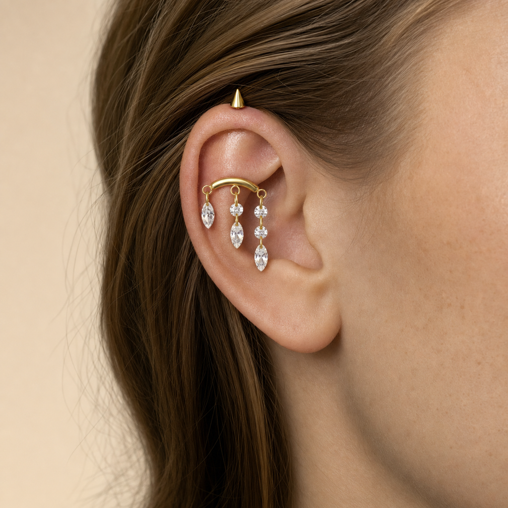 Clear CZ ASTM F136 Titanium Cartilage Jewelry - Gold, Internally Threaded, 16G, 1.2 x 6+8+4 mm — wearing view two (P-CJ-0010-G01)