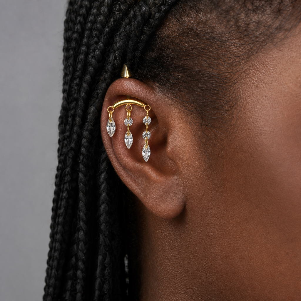 Clear CZ ASTM F136 Titanium Cartilage Jewelry - Gold, Internally Threaded, 16G, 1.2 x 6+8+4 mm — wearing view three (P-CJ-0010-G01)