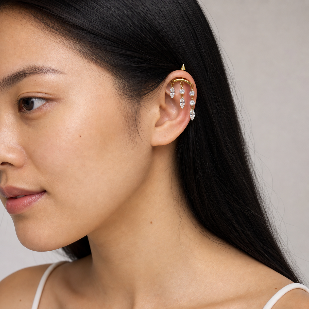 Clear CZ ASTM F136 Titanium Cartilage Jewelry - Gold, Internally Threaded, 16G, 1.2 x 6+8+4 mm — wearing view four (P-CJ-0010-G01)