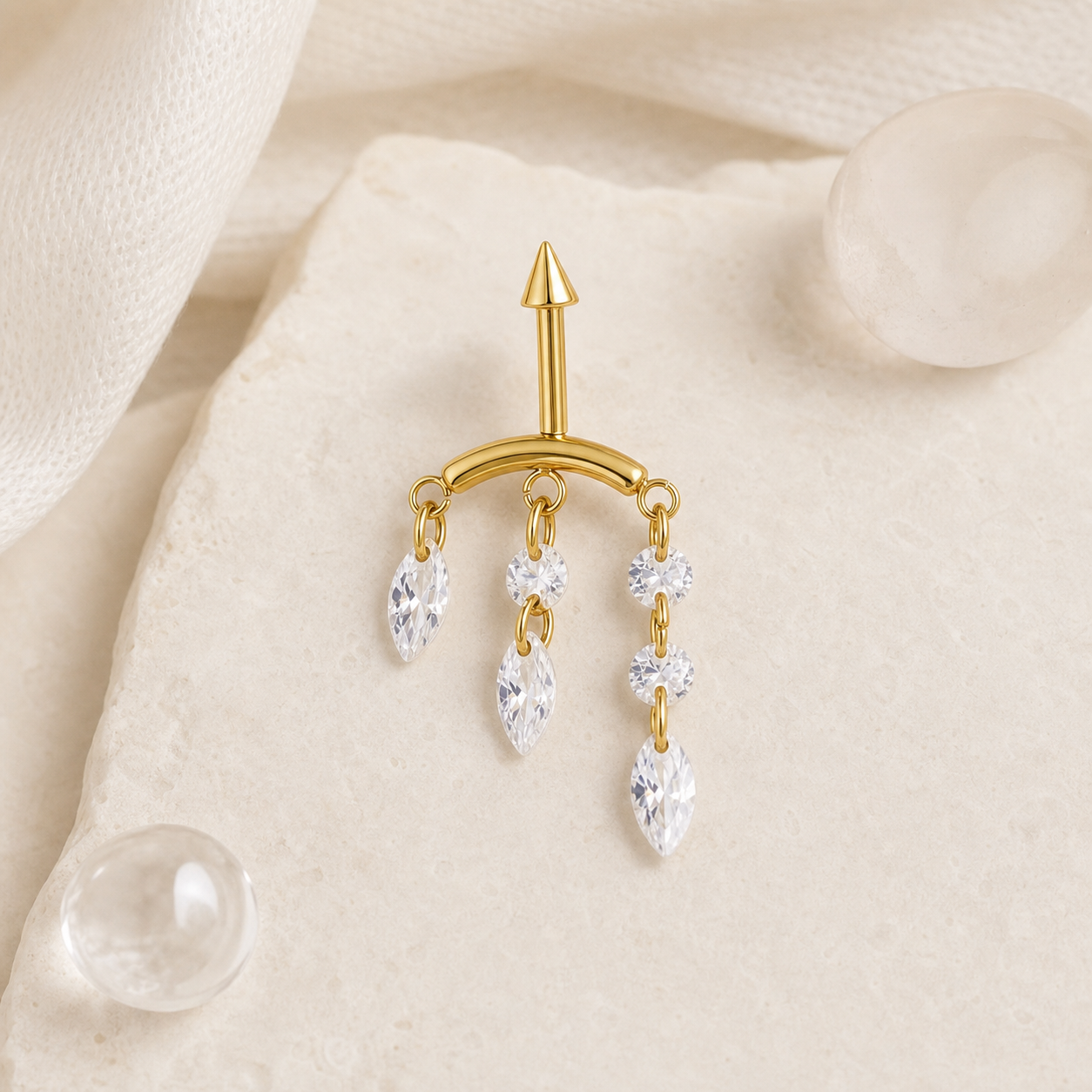 Clear CZ ASTM F136 Titanium Cartilage Jewelry - Gold, Internally Threaded, 16G, 1.2 x 6+8+4 mm — styled flat lay (P-CJ-0010-G01)