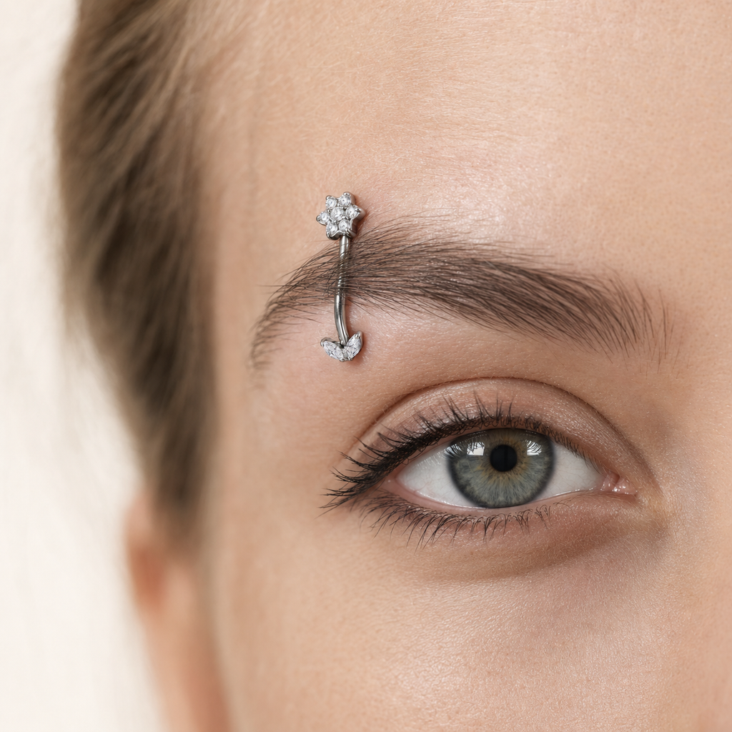 Clear CZ ASTM F136 Titanium Eyebrow Ring - Silver, Threadless, 16G, 1.2 x 8 mm — wearing view four (P-EB-0009-S01)