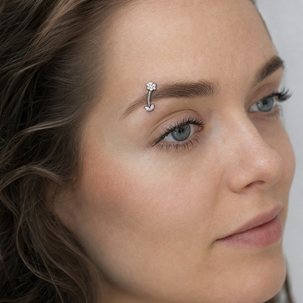 Clear CZ ASTM F136 Titanium Eyebrow Ring - Silver, Threadless, 16G, 1.2 x 8 mm — wearing view one (P-EB-0009-S01)