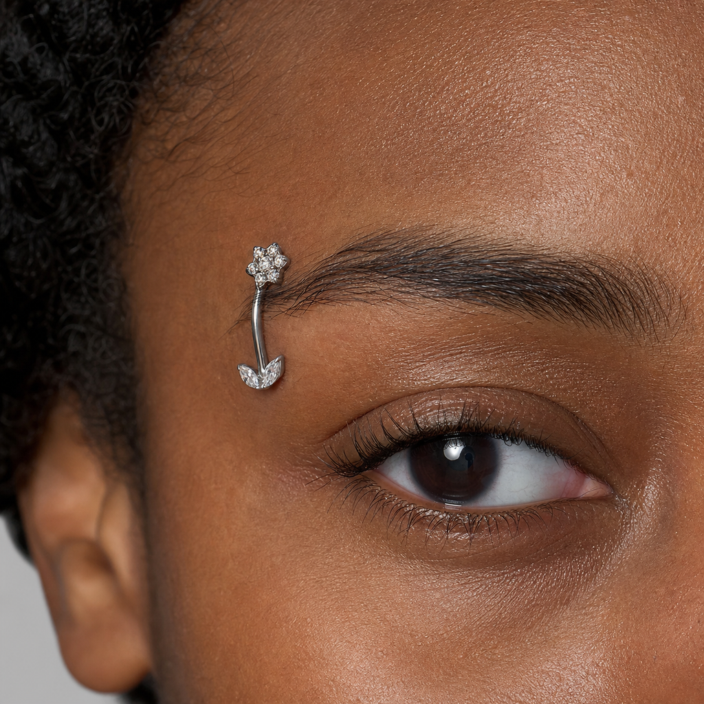 Clear CZ ASTM F136 Titanium Eyebrow Ring - Silver, Threadless, 16G, 1.2 x 8 mm — wearing view two (P-EB-0009-S01)
