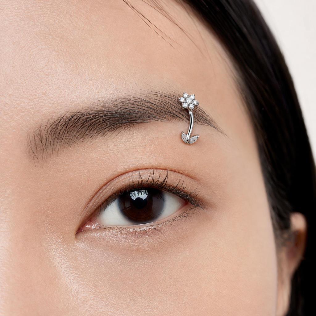 Clear CZ ASTM F136 Titanium Eyebrow Ring - Silver, Threadless, 16G, 1.2 x 8 mm — wearing view three (P-EB-0009-S01)