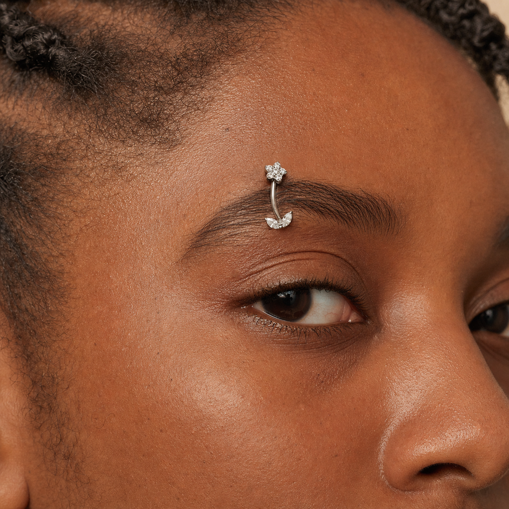 Clear CZ ASTM F136 Titanium Eyebrow Ring - Silver, Threadless, 16G, 1.2 x 8 mm — wearing view five (P-EB-0009-S01)