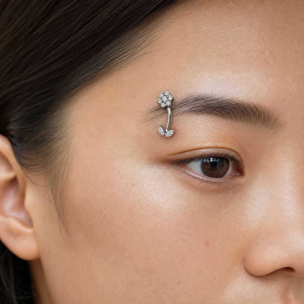 Clear CZ ASTM F136 Titanium Eyebrow Ring - Silver, Threadless, 16G, 1.2 x 8 mm — wearing view six (P-EB-0009-S01)