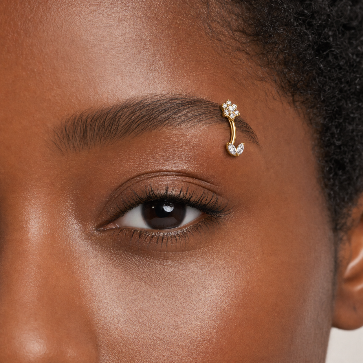 Clear CZ ASTM F136 Titanium Eyebrow Ring - Gold, Threadless, 16G, 1.2 x 8 mm — wearing view two (P-EB-0010-G01)