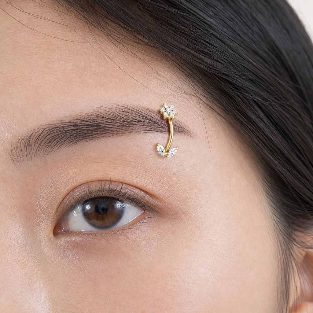 Clear CZ ASTM F136 Titanium Eyebrow Ring - Gold, Threadless, 16G, 1.2 x 8 mm — wearing view three (P-EB-0010-G01)