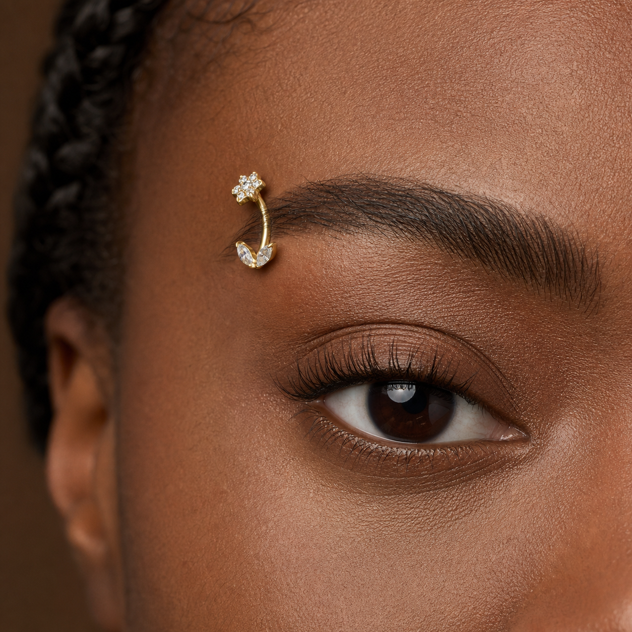 Clear CZ ASTM F136 Titanium Eyebrow Ring - Gold, Threadless, 16G, 1.2 x 8 mm — wearing view five (P-EB-0010-G01)