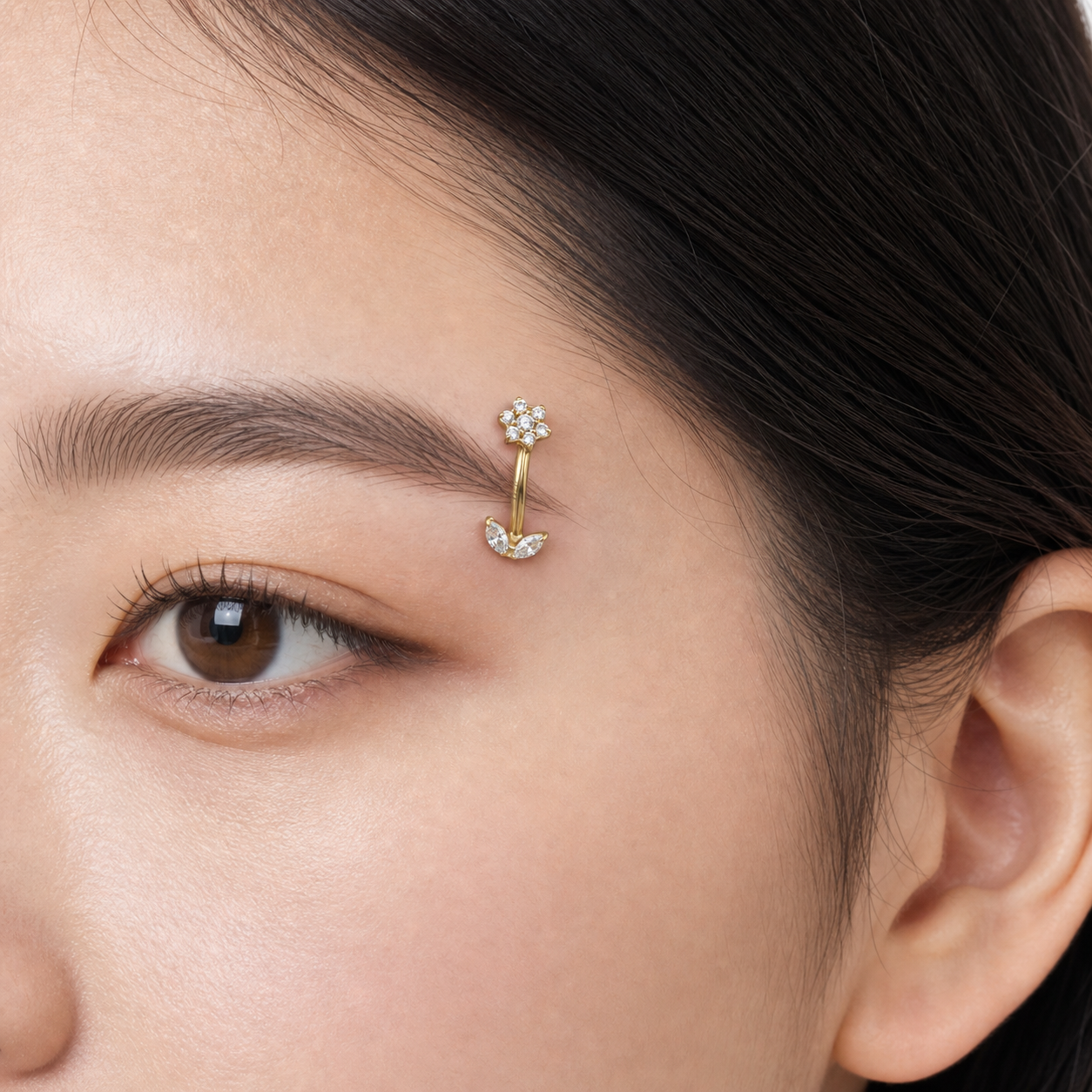 Clear CZ ASTM F136 Titanium Eyebrow Ring - Gold, Threadless, 16G, 1.2 x 8 mm — wearing view six (P-EB-0010-G01)