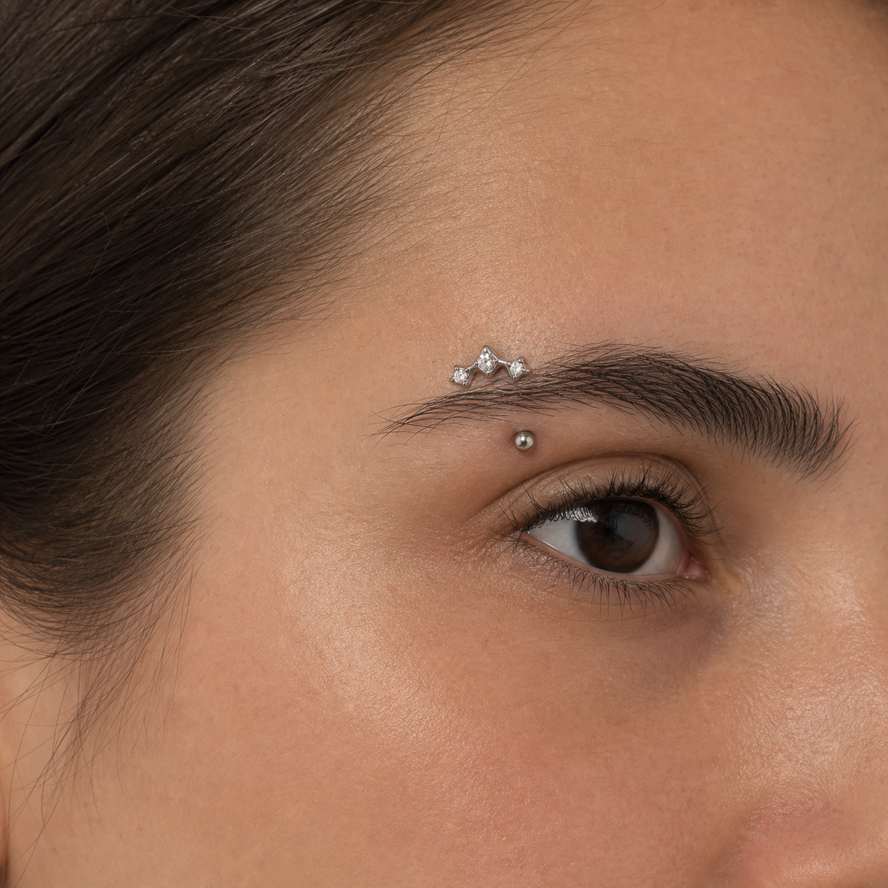 Clear CZ ASTM F136 Titanium Eyebrow Ring - Silver, Threadless, 16G, 1.2 x 8+3 mm — wearing view four (P-EB-0011-S01)