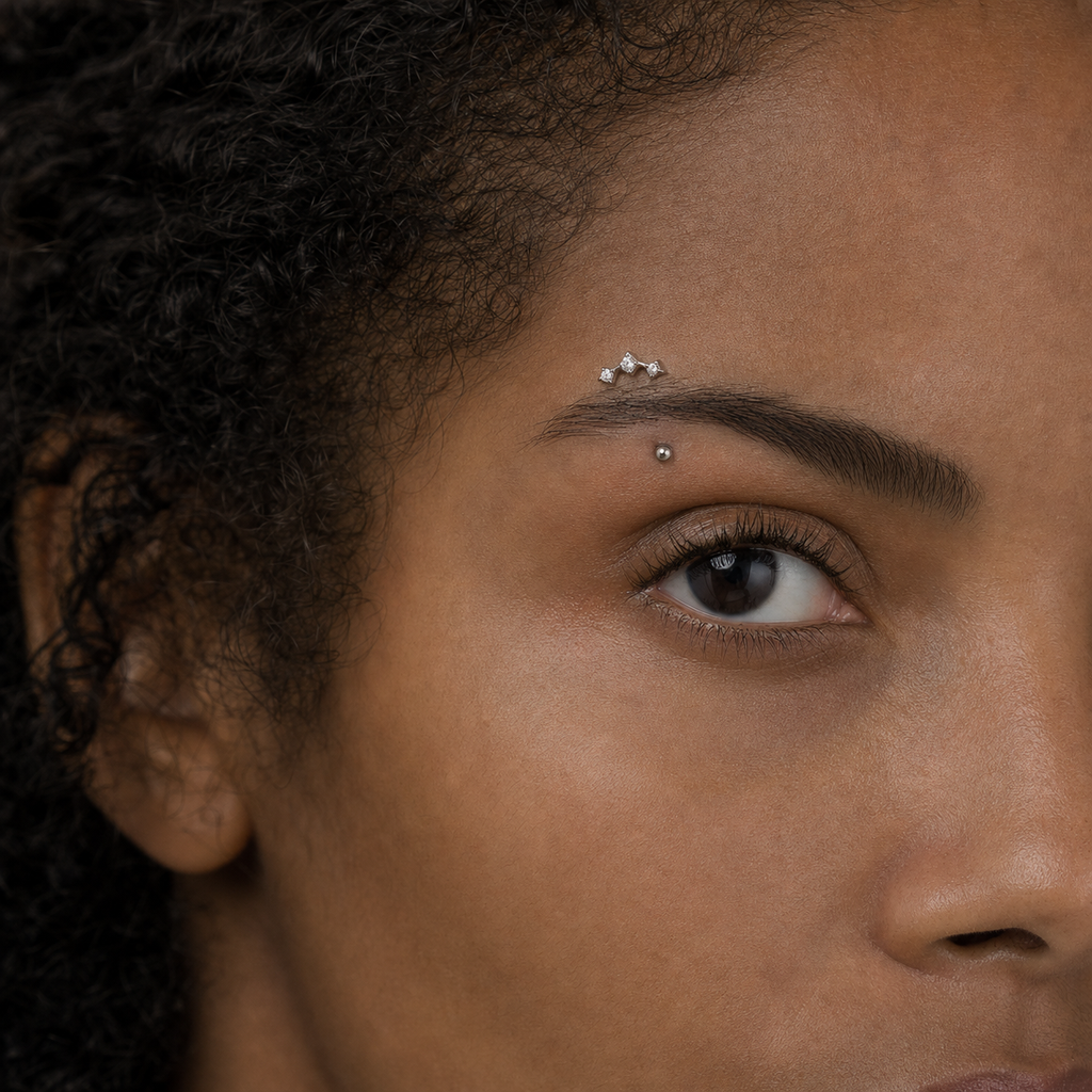 Clear CZ ASTM F136 Titanium Eyebrow Ring - Silver, Threadless, 16G, 1.2 x 8+3 mm — wearing view two (P-EB-0011-S01)