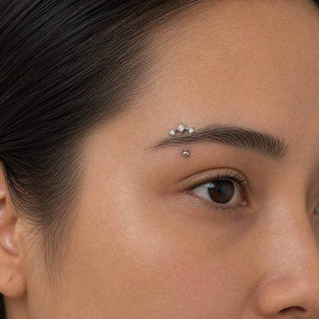 Clear CZ ASTM F136 Titanium Eyebrow Ring - Silver, Threadless, 16G, 1.2 x 8+3 mm — wearing view three (P-EB-0011-S01)