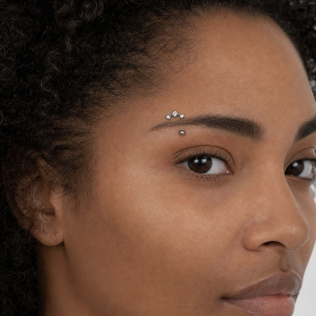 Clear CZ ASTM F136 Titanium Eyebrow Ring - Silver, Threadless, 16G, 1.2 x 8+3 mm — wearing view five (P-EB-0011-S01)