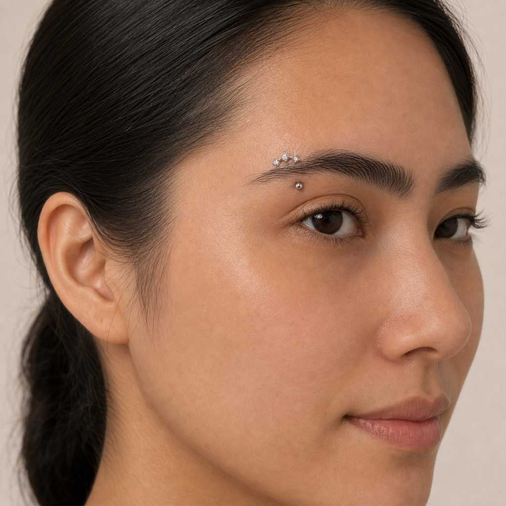 Clear CZ ASTM F136 Titanium Eyebrow Ring - Silver, Threadless, 16G, 1.2 x 8+3 mm — wearing view six (P-EB-0011-S01)