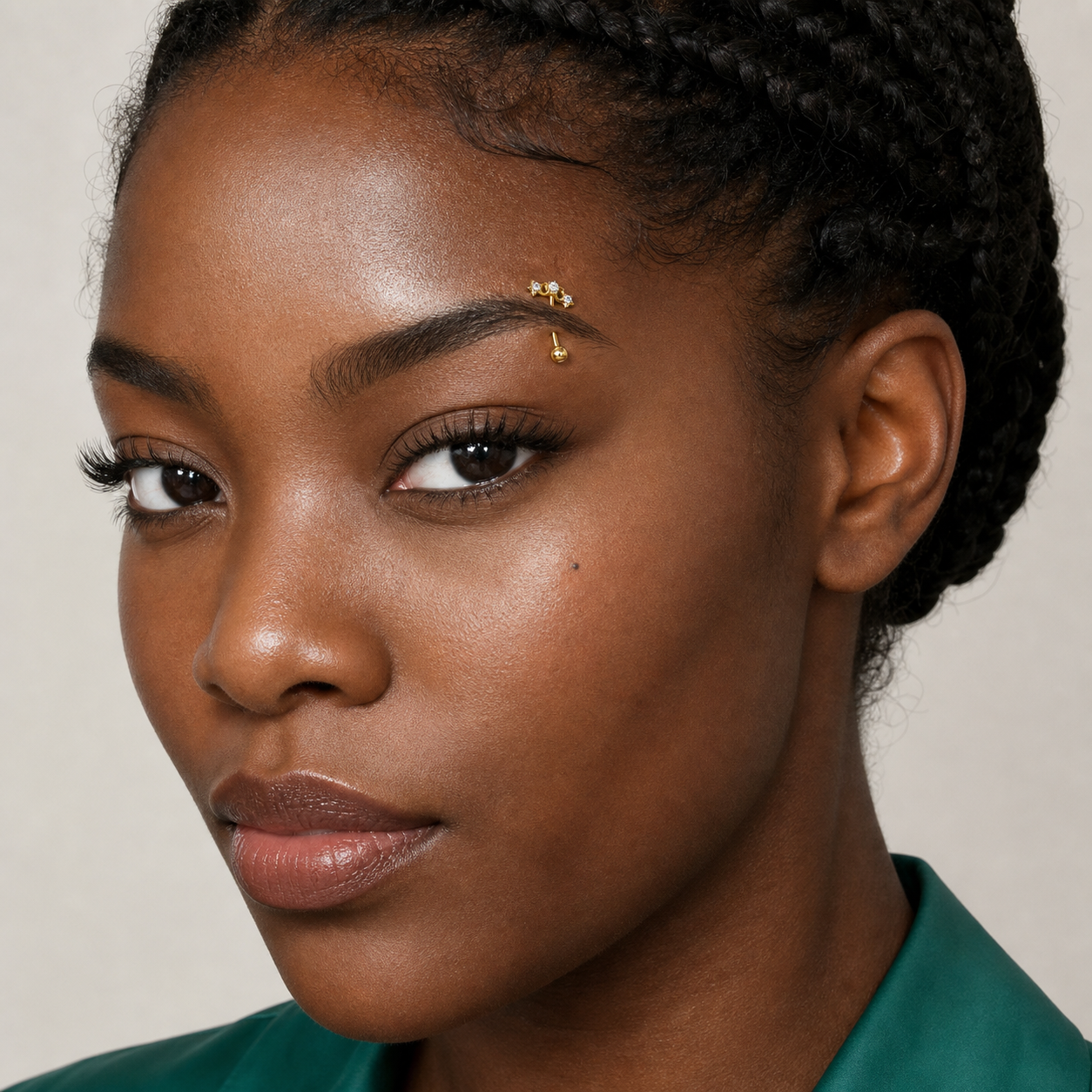 Clear CZ ASTM F136 Titanium Eyebrow Ring - Gold, Threadless, 16G, 1.2 x 8 mm — wearing view two (P-EB-0012-G01)