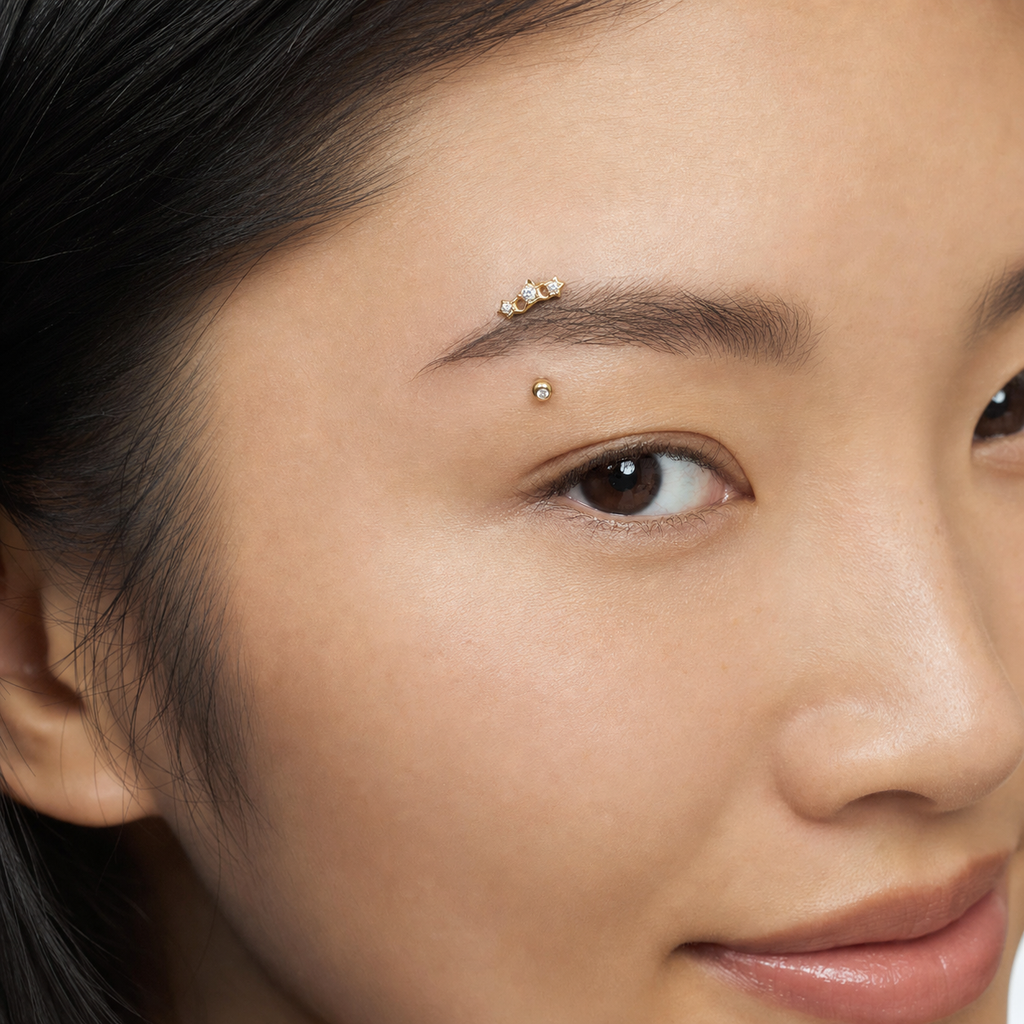 Clear CZ ASTM F136 Titanium Eyebrow Ring - Gold, Threadless, 16G, 1.2 x 8 mm — wearing view four (P-EB-0012-G01)