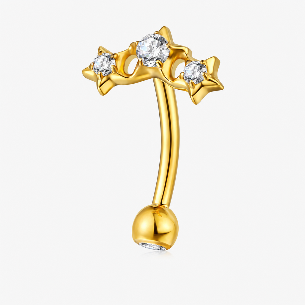 Clear CZ ASTM F136 Titanium Eyebrow Ring - Gold, Threadless, 16G, 1.2 x 8 mm — product detail views (P-EB-0012-G01)