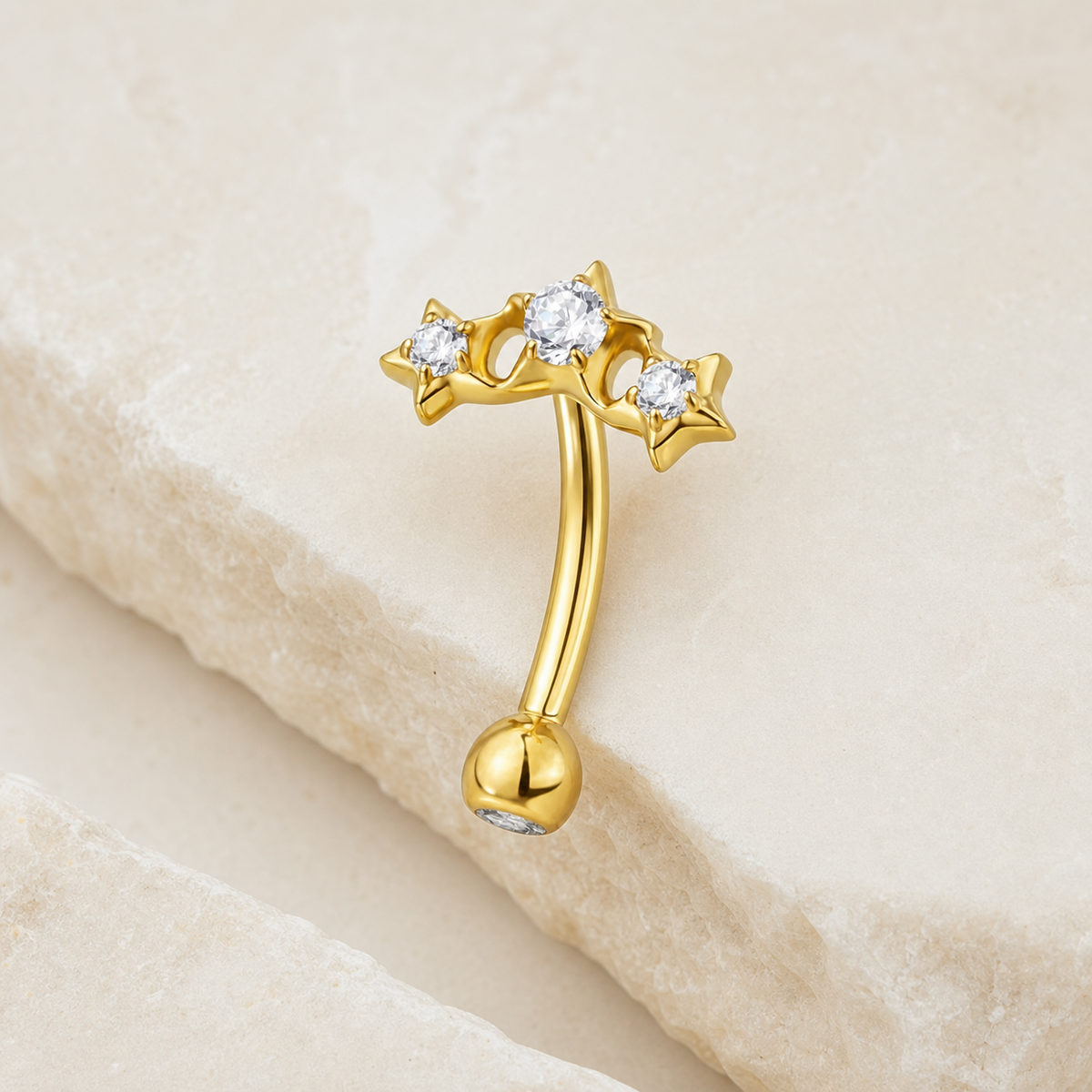 Clear CZ ASTM F136 Titanium Eyebrow Ring - Gold, Threadless, 16G, 1.2 x 8 mm — styled flat lay (P-EB-0012-G01)