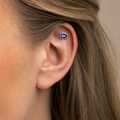 Navy Blue CZ ASTM F136 Titanium Flat Back - Silver, Internally Threaded, 18G, 1.0 x 6+4 mm — wearing view four (P-FB-0050-S01)