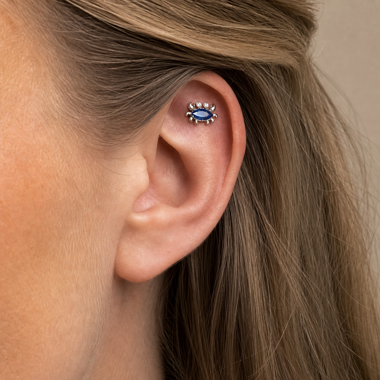 Navy Blue CZ ASTM F136 Titanium Flat Back - Silver, Internally Threaded, 18G, 1.0 x 6+4 mm — wearing view four (P-FB-0050-S01)
