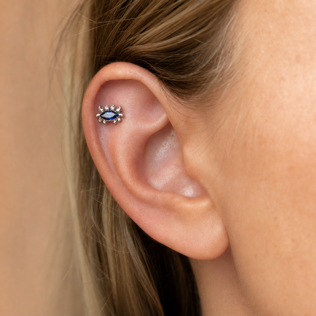 Navy Blue CZ ASTM F136 Titanium Flat Back - Silver, Internally Threaded, 18G, 1.0 x 6+4 mm — wearing view one (P-FB-0050-S01)
