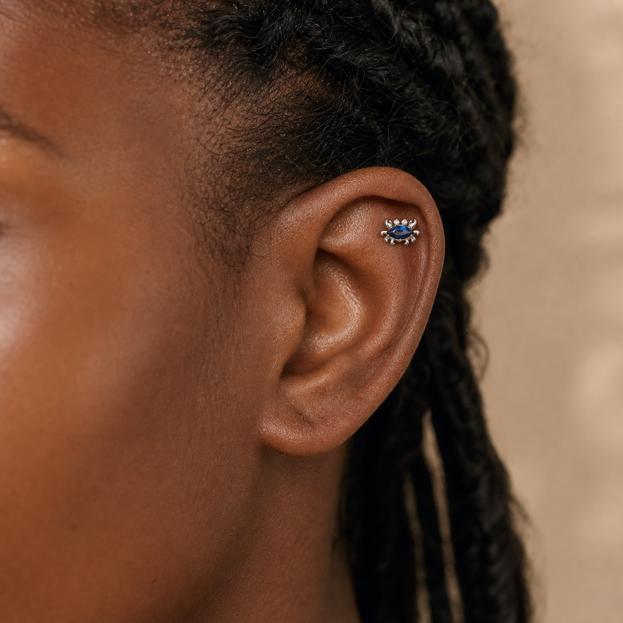 Navy Blue CZ ASTM F136 Titanium Flat Back - Silver, Internally Threaded, 18G, 1.0 x 6+4 mm — wearing view two (P-FB-0050-S01)