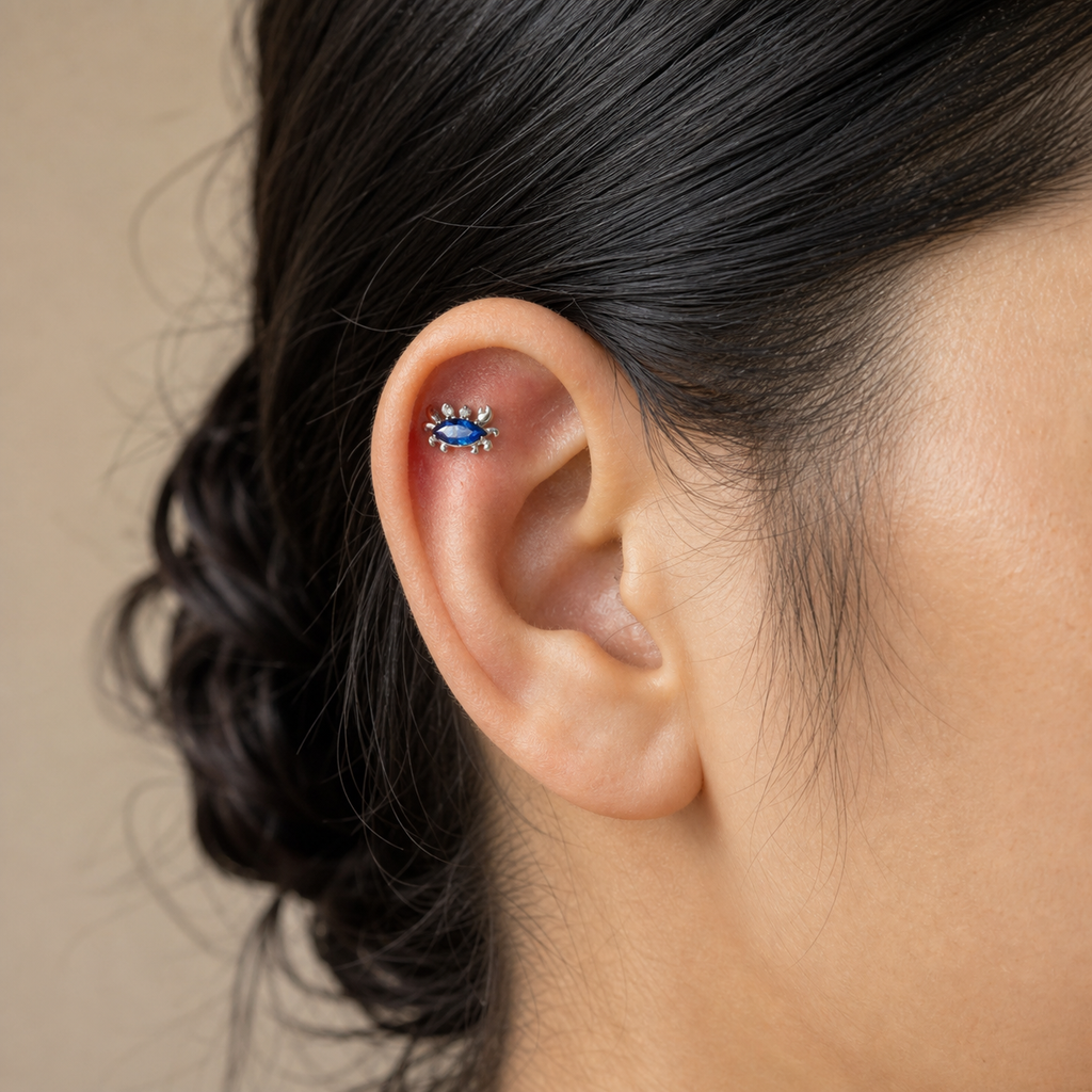 Navy Blue CZ ASTM F136 Titanium Flat Back - Silver, Internally Threaded, 18G, 1.0 x 6+4 mm — wearing view three (P-FB-0050-S01)