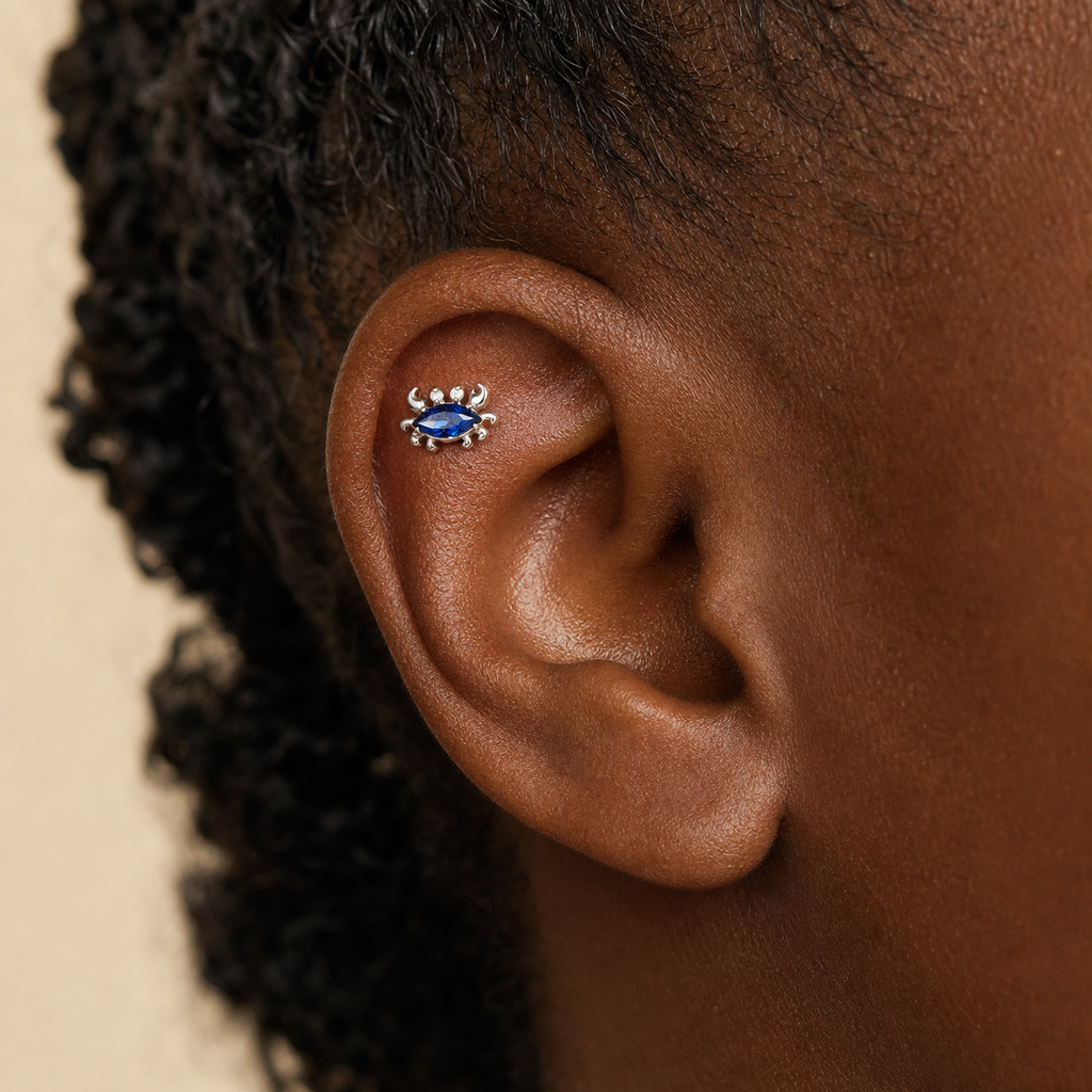 Navy Blue CZ ASTM F136 Titanium Flat Back - Silver, Internally Threaded, 18G, 1.0 x 6+4 mm — wearing view five (P-FB-0050-S01)