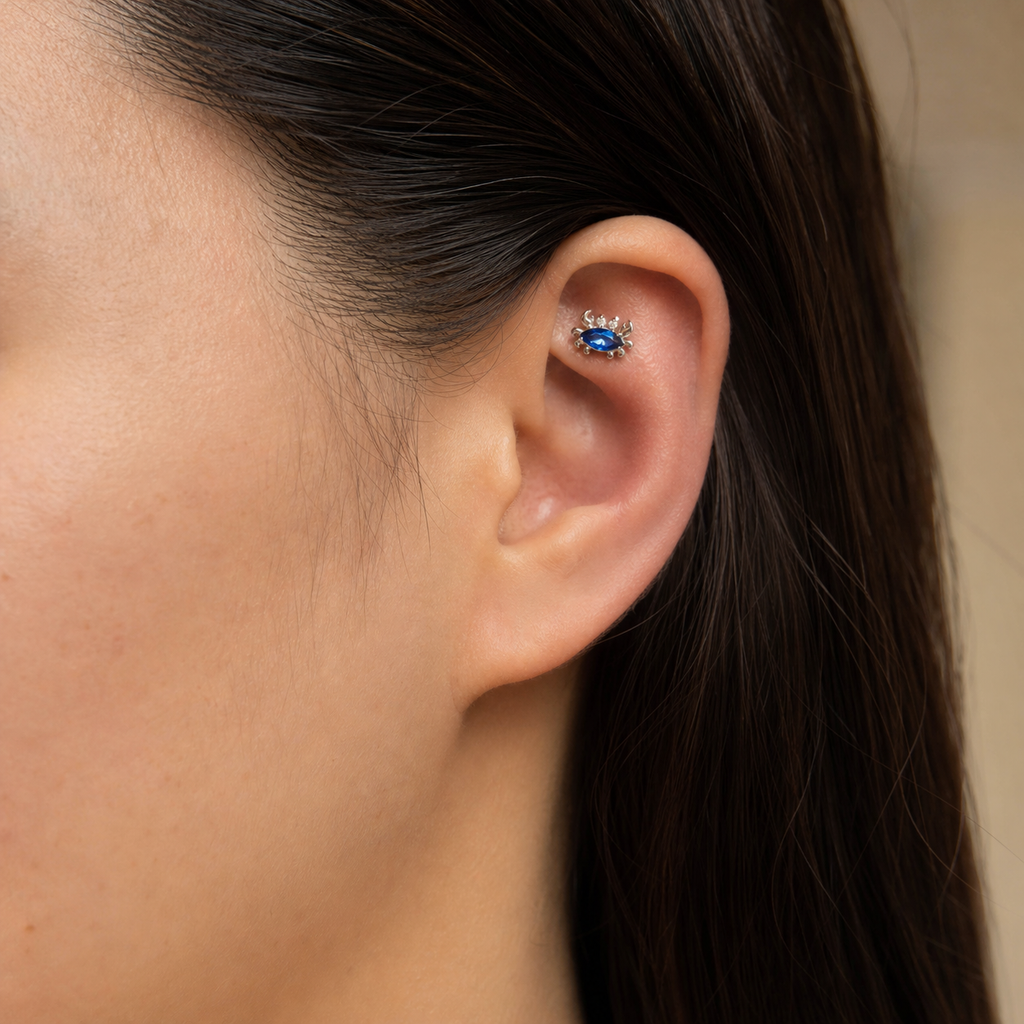 Navy Blue CZ ASTM F136 Titanium Flat Back - Silver, Internally Threaded, 18G, 1.0 x 6+4 mm — wearing view six (P-FB-0050-S01)
