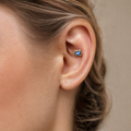 Navy Blue CZ ASTM F136 Titanium Flat Back - Gold, Internally Threaded, 18G, 1.0 x 6+4 mm — wearing view four (P-FB-0051-G01)