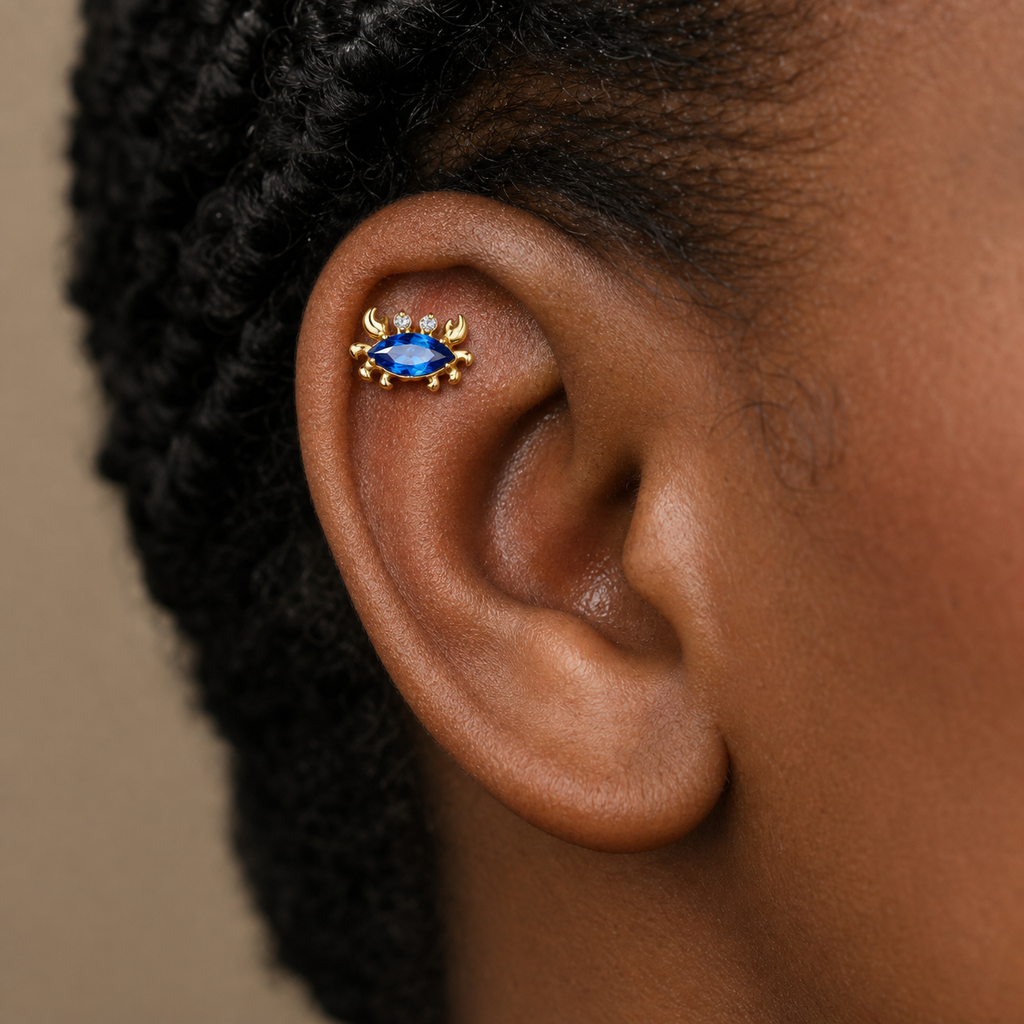 Navy Blue CZ ASTM F136 Titanium Flat Back - Gold, Internally Threaded, 18G, 1.0 x 6+4 mm — wearing view two (P-FB-0051-G01)