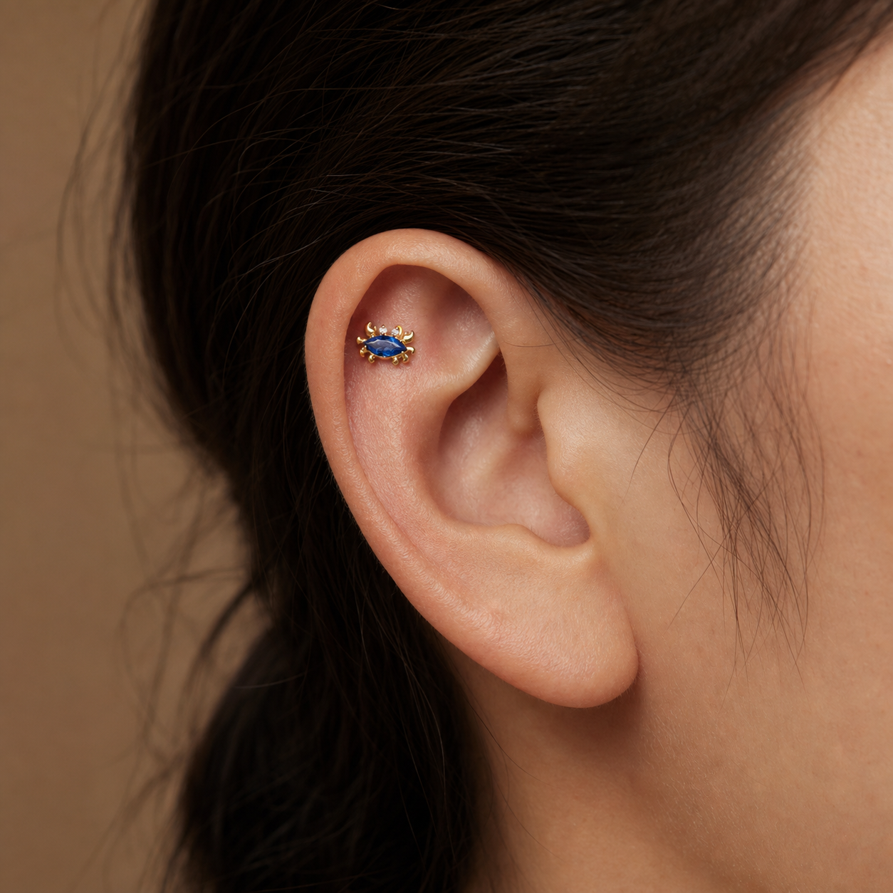 Navy Blue CZ ASTM F136 Titanium Flat Back - Gold, Internally Threaded, 18G, 1.0 x 6+4 mm — wearing view three (P-FB-0051-G01)