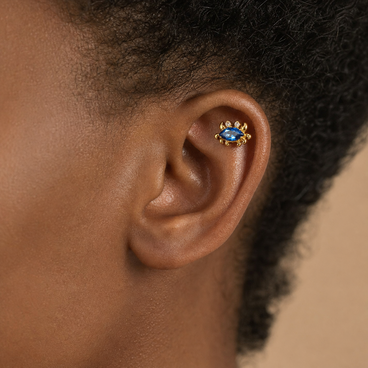 Navy Blue CZ ASTM F136 Titanium Flat Back - Gold, Internally Threaded, 18G, 1.0 x 6+4 mm — wearing view five (P-FB-0051-G01)