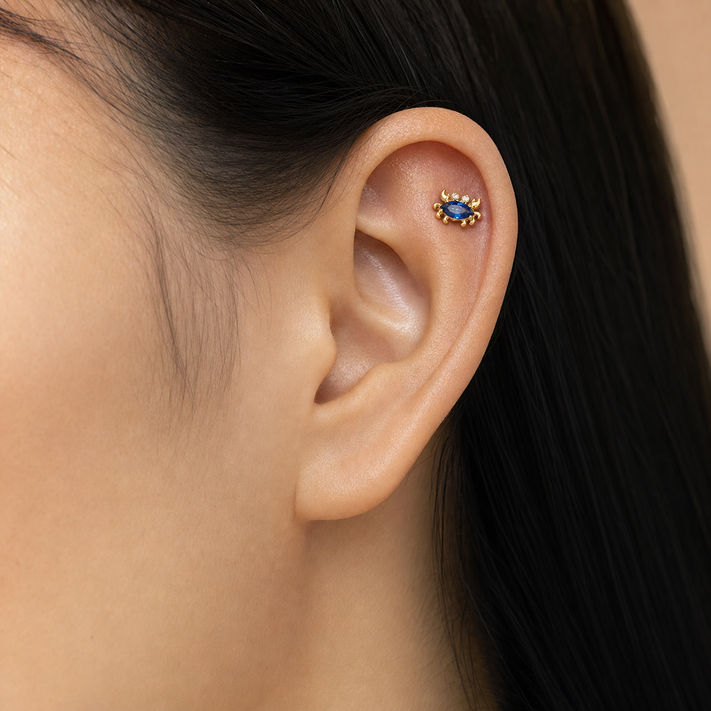 Navy Blue CZ ASTM F136 Titanium Flat Back - Gold, Internally Threaded, 18G, 1.0 x 6+4 mm — wearing view six (P-FB-0051-G01)