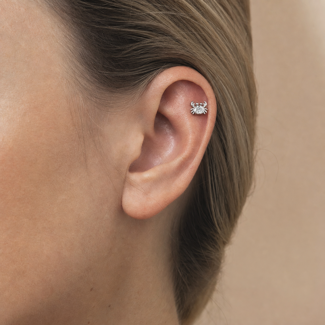 Clear CZ ASTM F136 Titanium Flat Back - Silver, Internally Threaded, 18G, 1.0 x 6+4 mm — wearing view one (P-FB-0052-S01)
