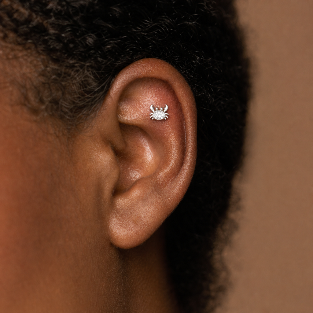 Clear CZ ASTM F136 Titanium Flat Back - Silver, Internally Threaded, 18G, 1.0 x 6+4 mm — wearing view two (P-FB-0052-S01)