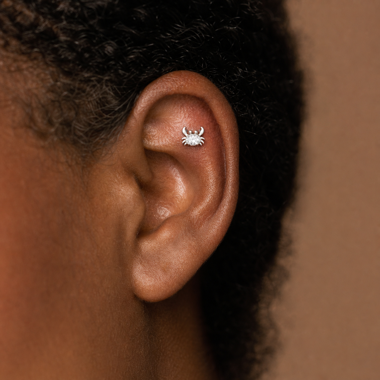 Clear CZ ASTM F136 Titanium Flat Back - Silver, Internally Threaded, 18G, 1.0 x 6+4 mm — wearing view two (P-FB-0052-S01)