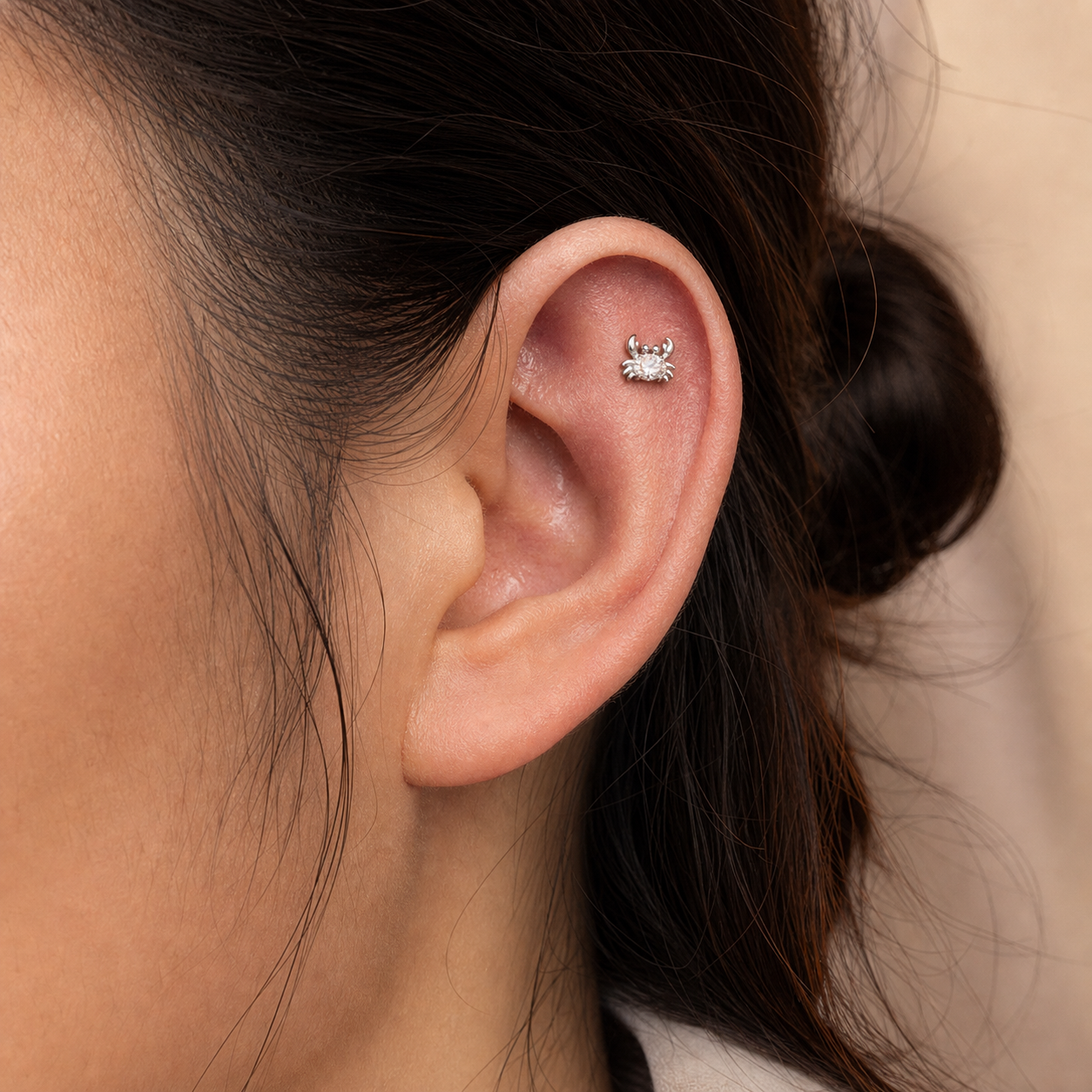 Clear CZ ASTM F136 Titanium Flat Back - Silver, Internally Threaded, 18G, 1.0 x 6+4 mm — wearing view three (P-FB-0052-S01)
