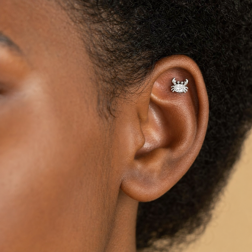 Clear CZ ASTM F136 Titanium Flat Back - Silver, Internally Threaded, 18G, 1.0 x 6+4 mm — wearing view five (P-FB-0052-S01)