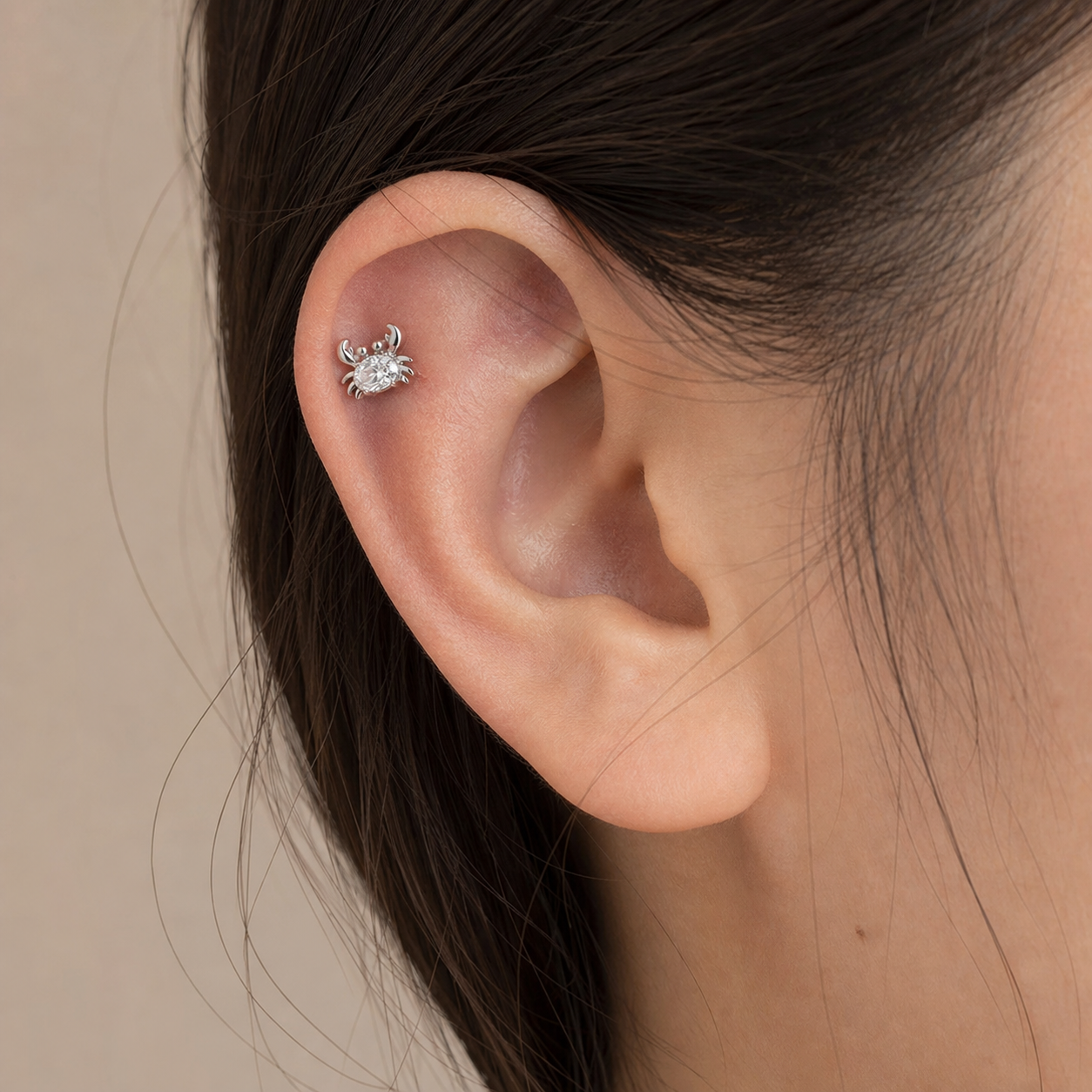 Clear CZ ASTM F136 Titanium Flat Back - Silver, Internally Threaded, 18G, 1.0 x 6+4 mm — wearing view six (P-FB-0052-S01)