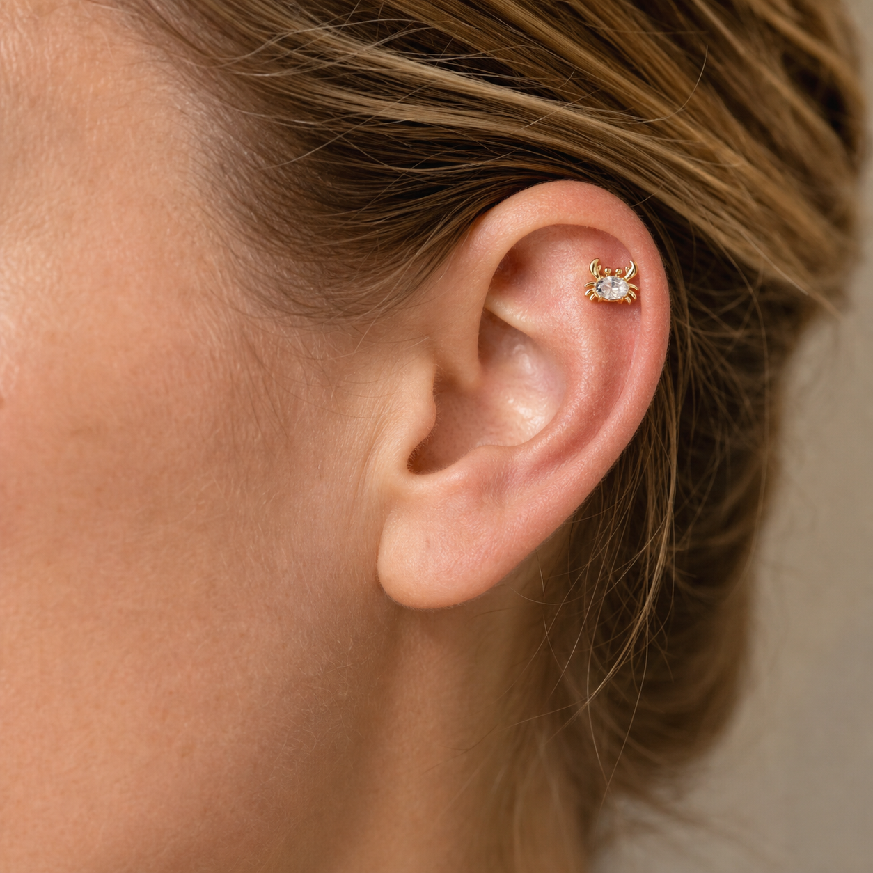 Clear CZ ASTM F136 Titanium Flat Back - Gold, Internally Threaded, 18G, 1.0 x 6+4 mm — wearing view four (P-FB-0053-G01)