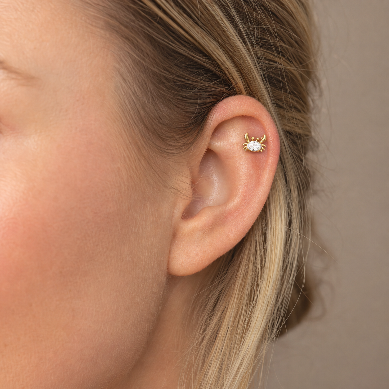 Clear CZ ASTM F136 Titanium Flat Back - Gold, Internally Threaded, 18G, 1.0 x 6+4 mm — wearing view one (P-FB-0053-G01)