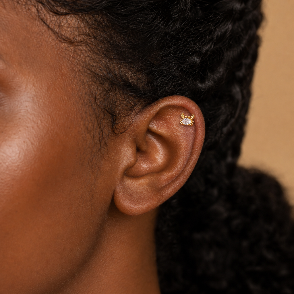 Clear CZ ASTM F136 Titanium Flat Back - Gold, Internally Threaded, 18G, 1.0 x 6+4 mm — wearing view two (P-FB-0053-G01)
