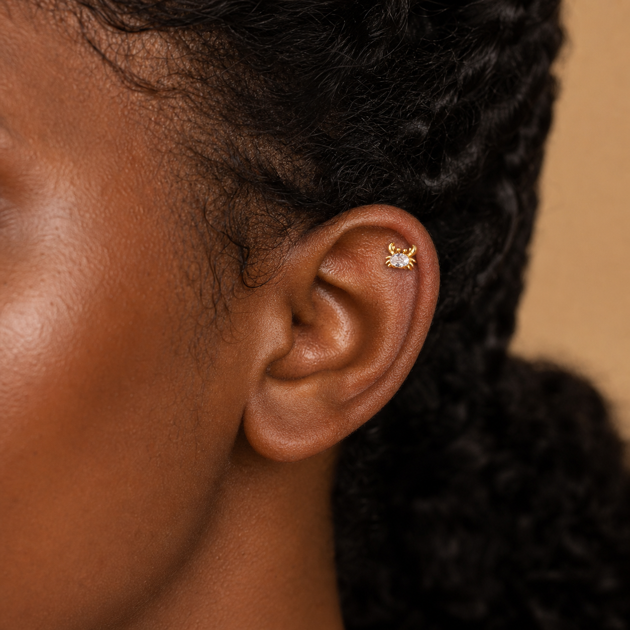 Clear CZ ASTM F136 Titanium Flat Back - Gold, Internally Threaded, 18G, 1.0 x 6+4 mm — wearing view two (P-FB-0053-G01)