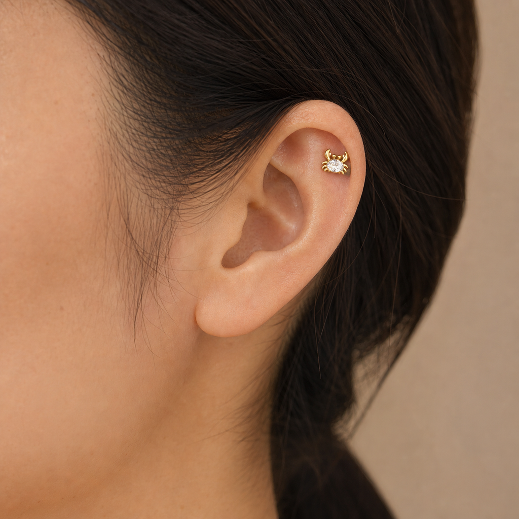 Clear CZ ASTM F136 Titanium Flat Back - Gold, Internally Threaded, 18G, 1.0 x 6+4 mm — wearing view three (P-FB-0053-G01)
